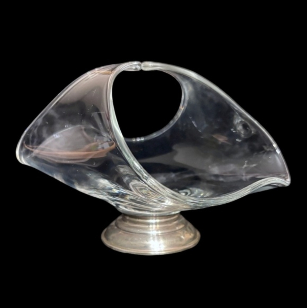 VINTAGE Clear Art Glass Basket Sterling Silver Base Mid-Century Modern